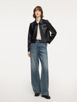 PU Leather Embroidered Trim Women Cropped Jacket GOELIA