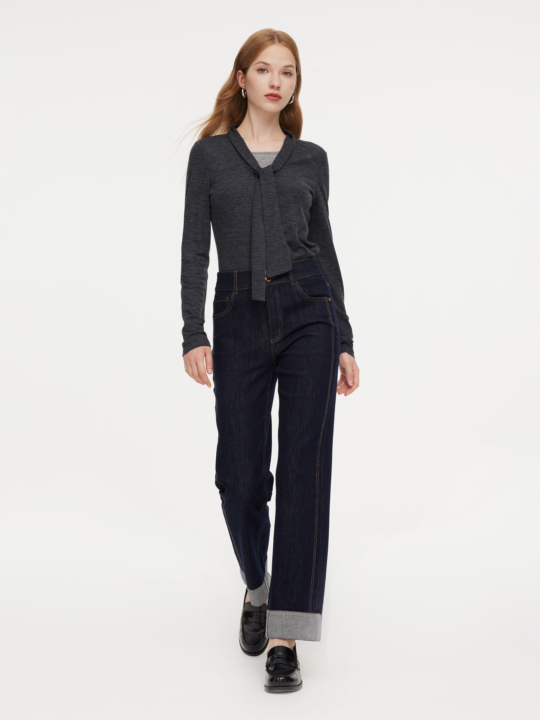 Cotton Cuffed Straight Leg Women Jeans GOELIA