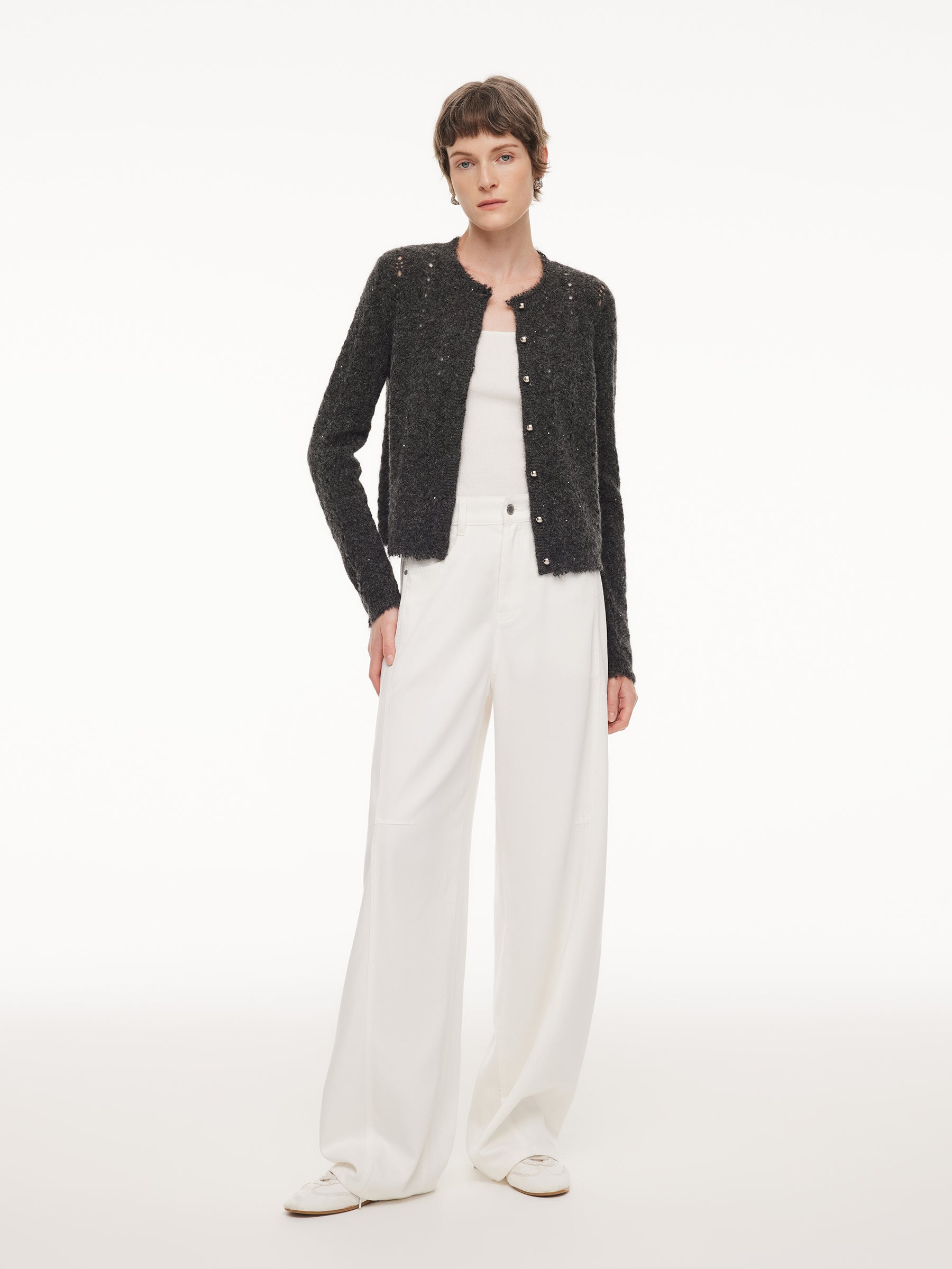 Alpaca Wool Blend Frayed Edges Women Open-Knit Cardigan GOELIA