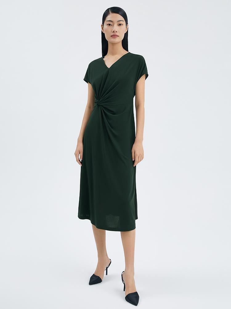 Triacetate Asymmetrical Pleated Gathered Waist Midi Dress GOELIA