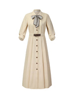 Cotton Blend 3/4 Ruched Sleeve Women Belted Maxi Shirt Dress With Silk Scarf GOELIA