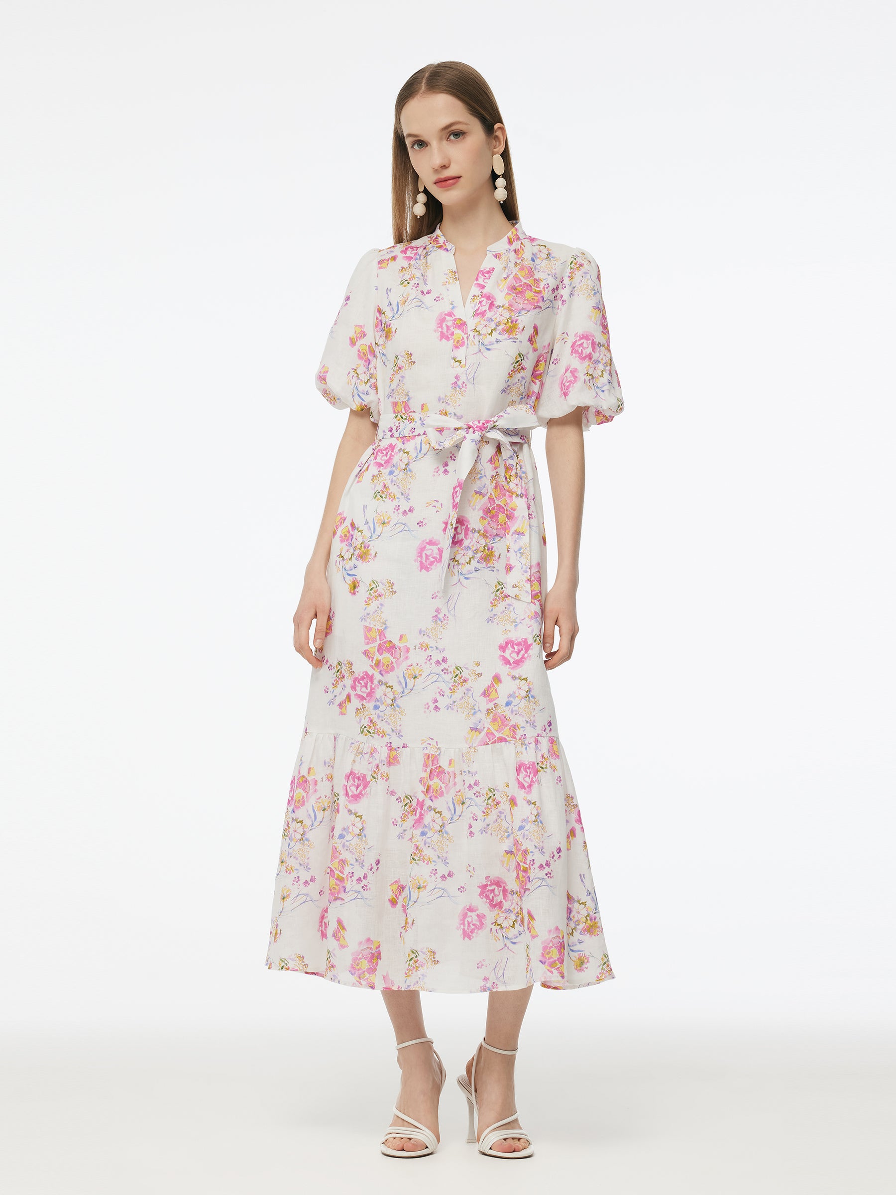 100% Linen Rose Print Women Maxi Dress With Belt GOELIA