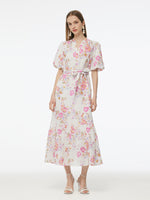 100% Linen Rose Print Women Maxi Dress With Belt GOELIA