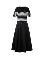 Lyocell Blend Stripe Patchwork Women Midi Dress With Belt GOELIA