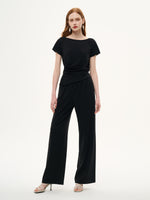 Boat Neck Side Ruched Top And Pants Two-Piece Set With Floral Print Scarf GOELIA