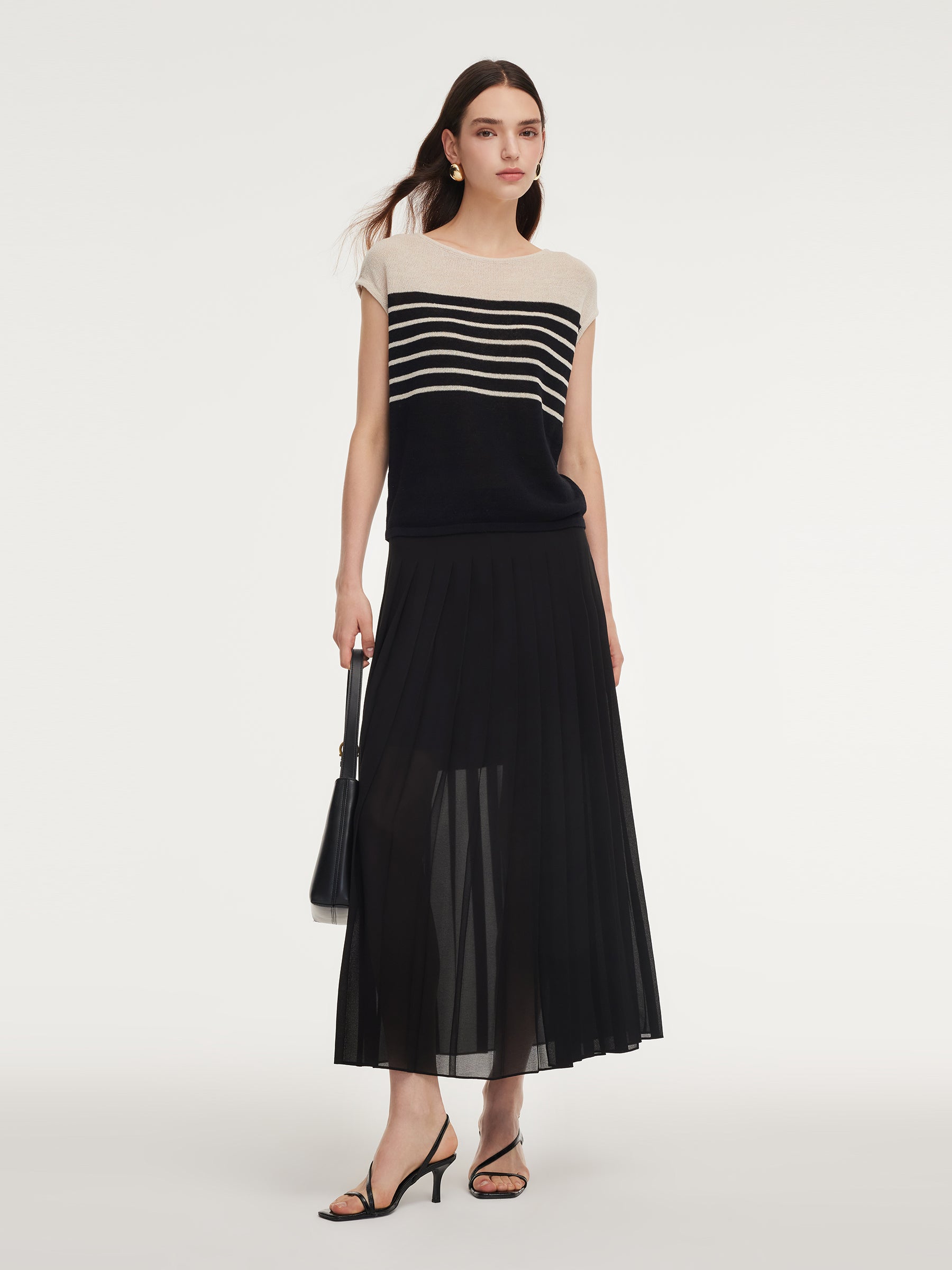 Linen Cotton Blend Stripe Color Block Women Knit Top GOELIA