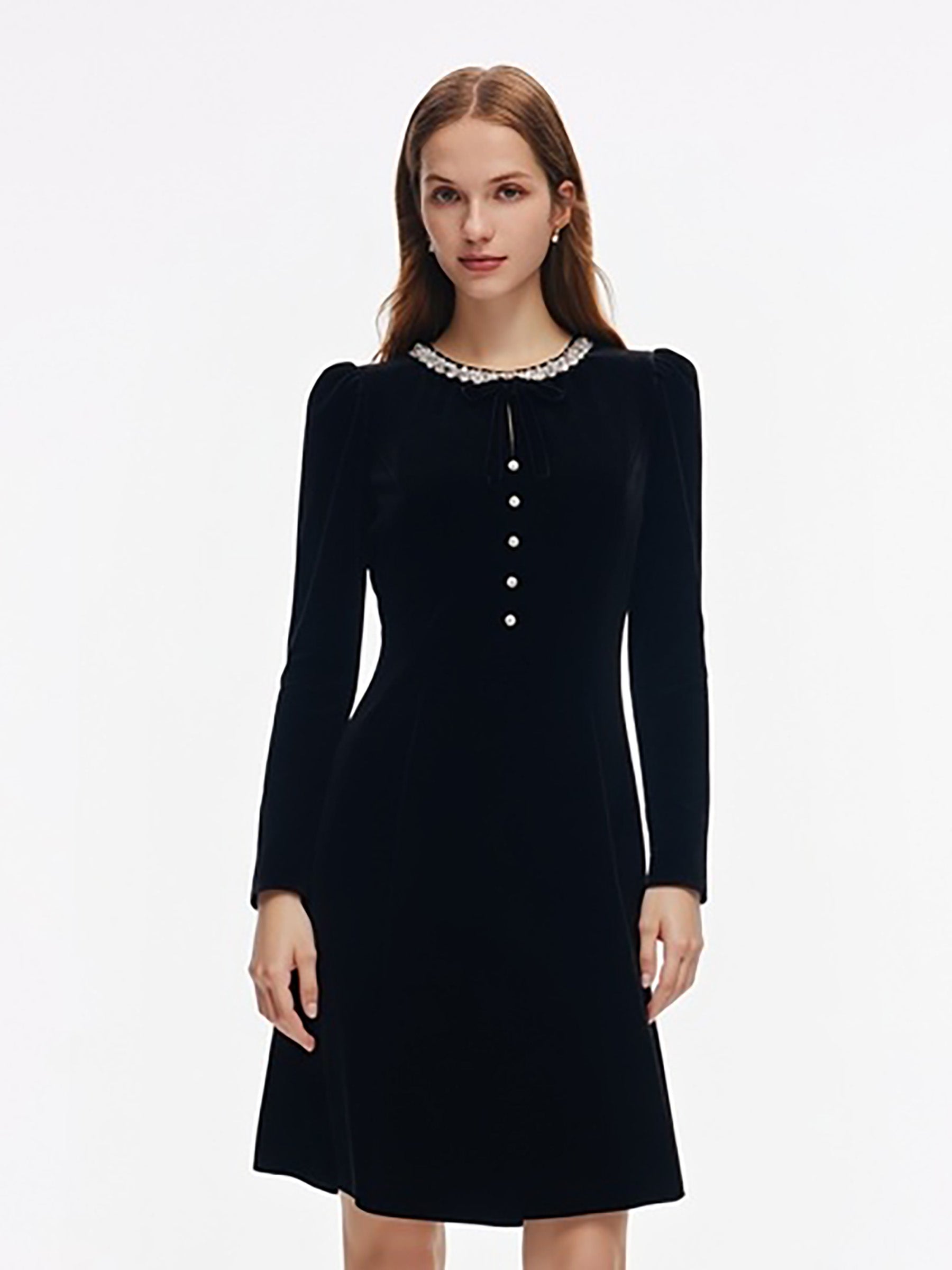 Velvet Sequined Round Neck Women Mini Dress With Scrunchie And Detachable Bow GOELIA