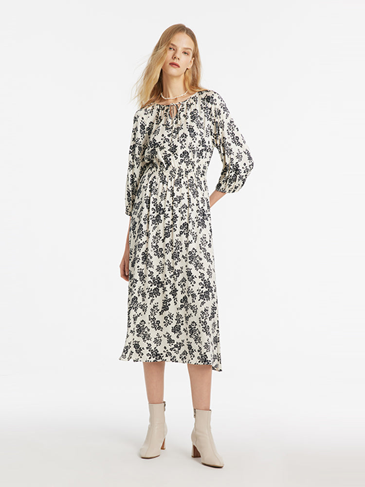 Camellia Printed Gathered Waist Women Midi Dress GOELIA