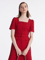 Jacquard Square Neck Single-Breasted Women Midi Dress With Belt GOELIA