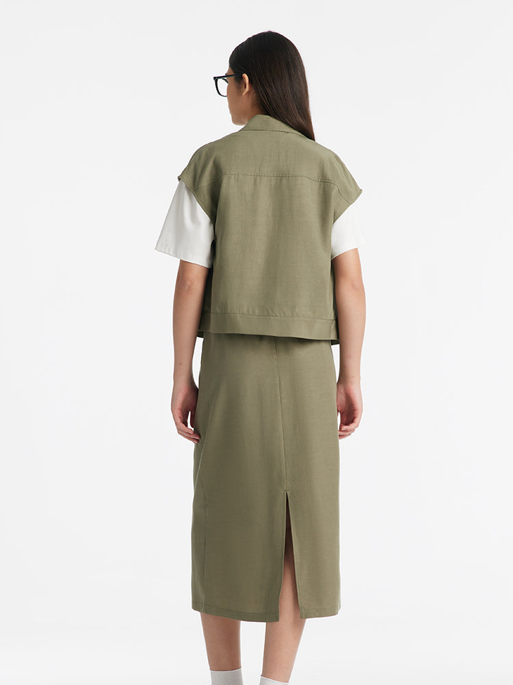 Zippered Lapel Vest And Slit Half Skirt Two-Piece Set GOELIA