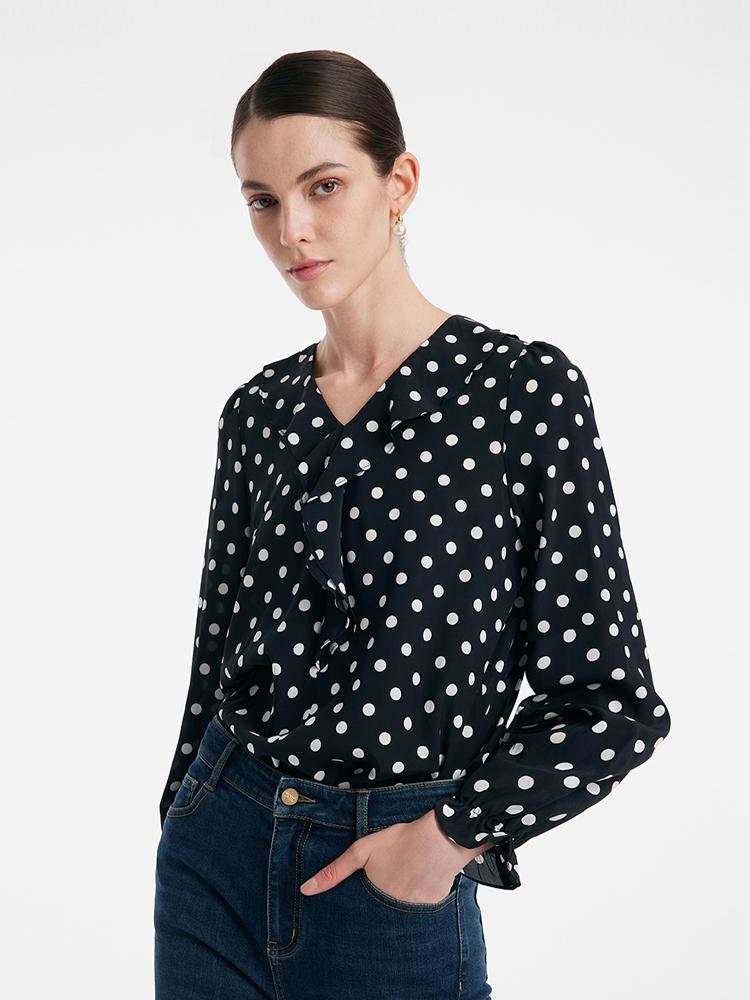 Mulberry Silk Polka Dots Ruffle Women Blouse GOELIA