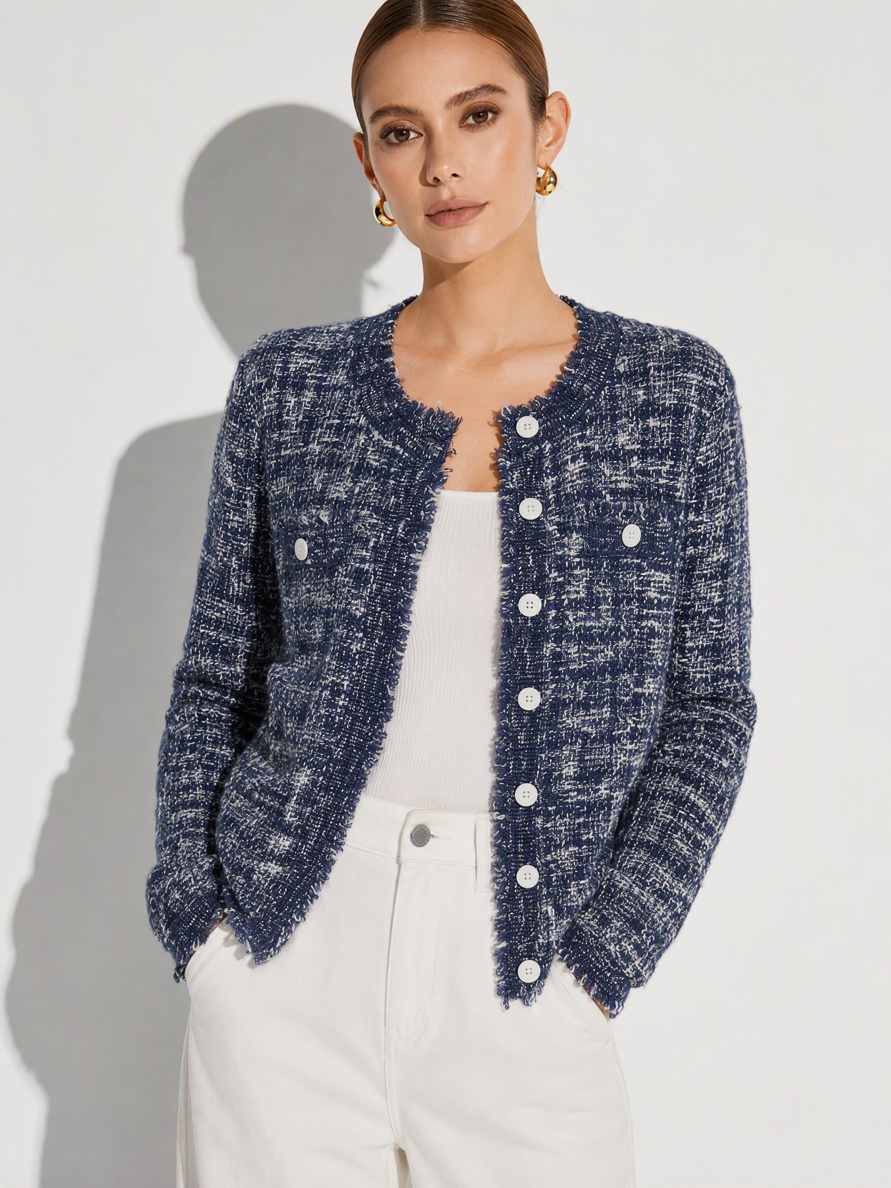 Wool Cotton Blend Frayed Trim Women Cardigan GOELIA