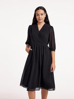 V-Neck Pleated Lace Up Wrap Midi Dress GOELIA