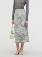 Silver Floral Jacquard Women Column Midi Skirt GOELIA