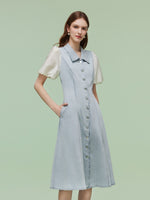 Denim Patchwork Women Puff-sleeved Midi Dress GOELIA