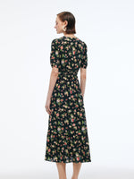 16MM Mulberry Silk Floral Print Women Puff Sleeve Maxi Dress GOELIA