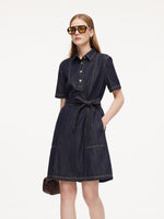 100% Cotton Denim Women A-Line Mini Shirt Dress With Self-Tie Belt GOELIA