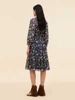 10MM Mulberry Silk Floral Print Women Ruffle Collar Midi Dress GOELIA