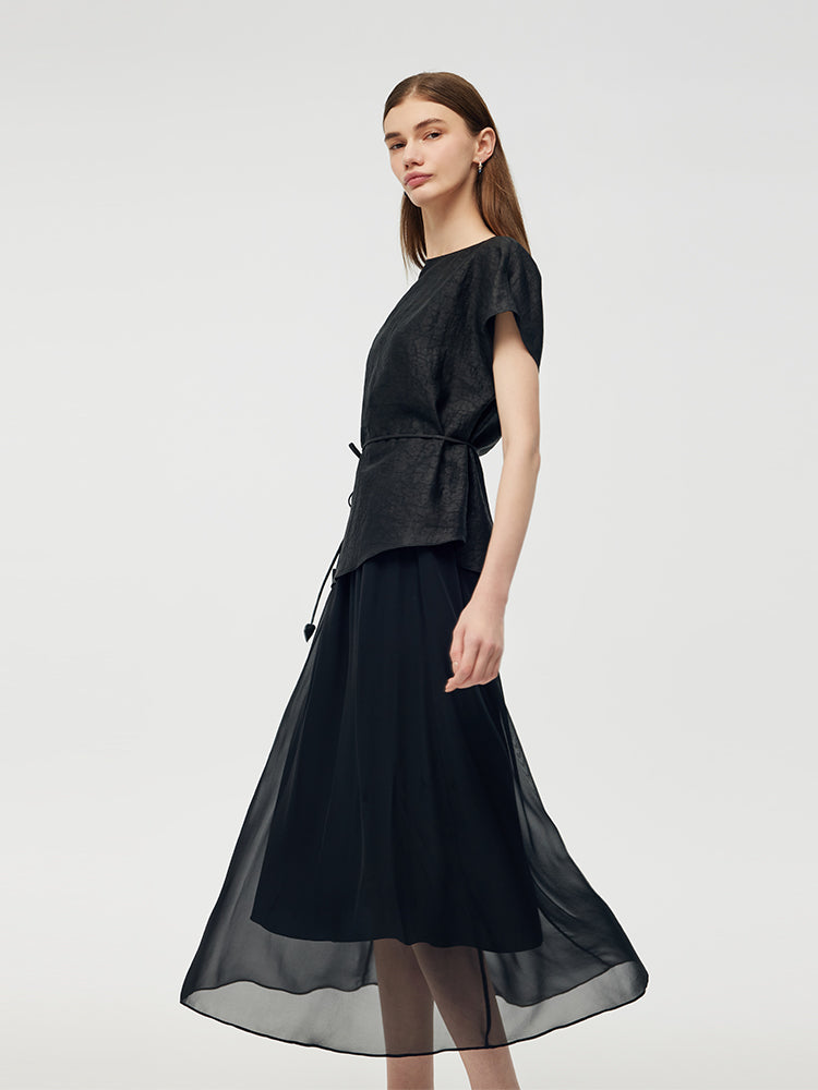 Xiang Yun Silk Top And Midi Skirt Two-Piece Set With Belt GOELIA
