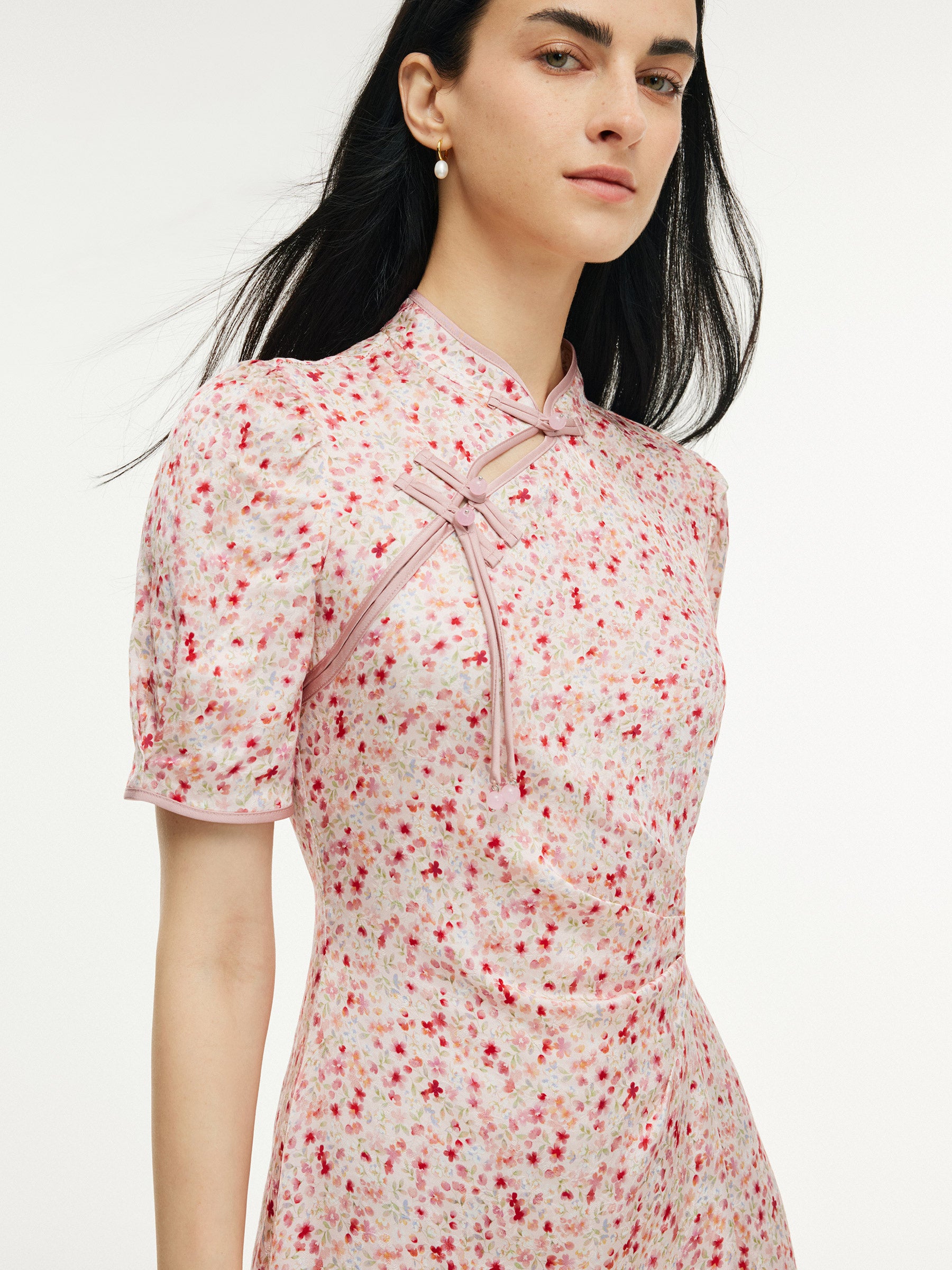 Floral Print Side Twist Women Qipao Midi Dress GOELIA