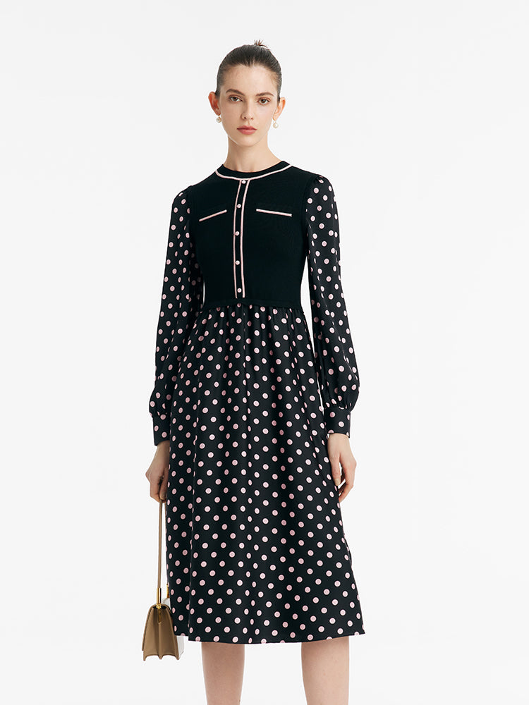 22 Momme Mulberry Silk Patchwork Polka Dots Printed Women Midi Dress GOELIA