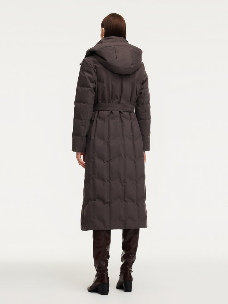 Drawstring Adjustable Waist Hooded Long Goose Down Coat
