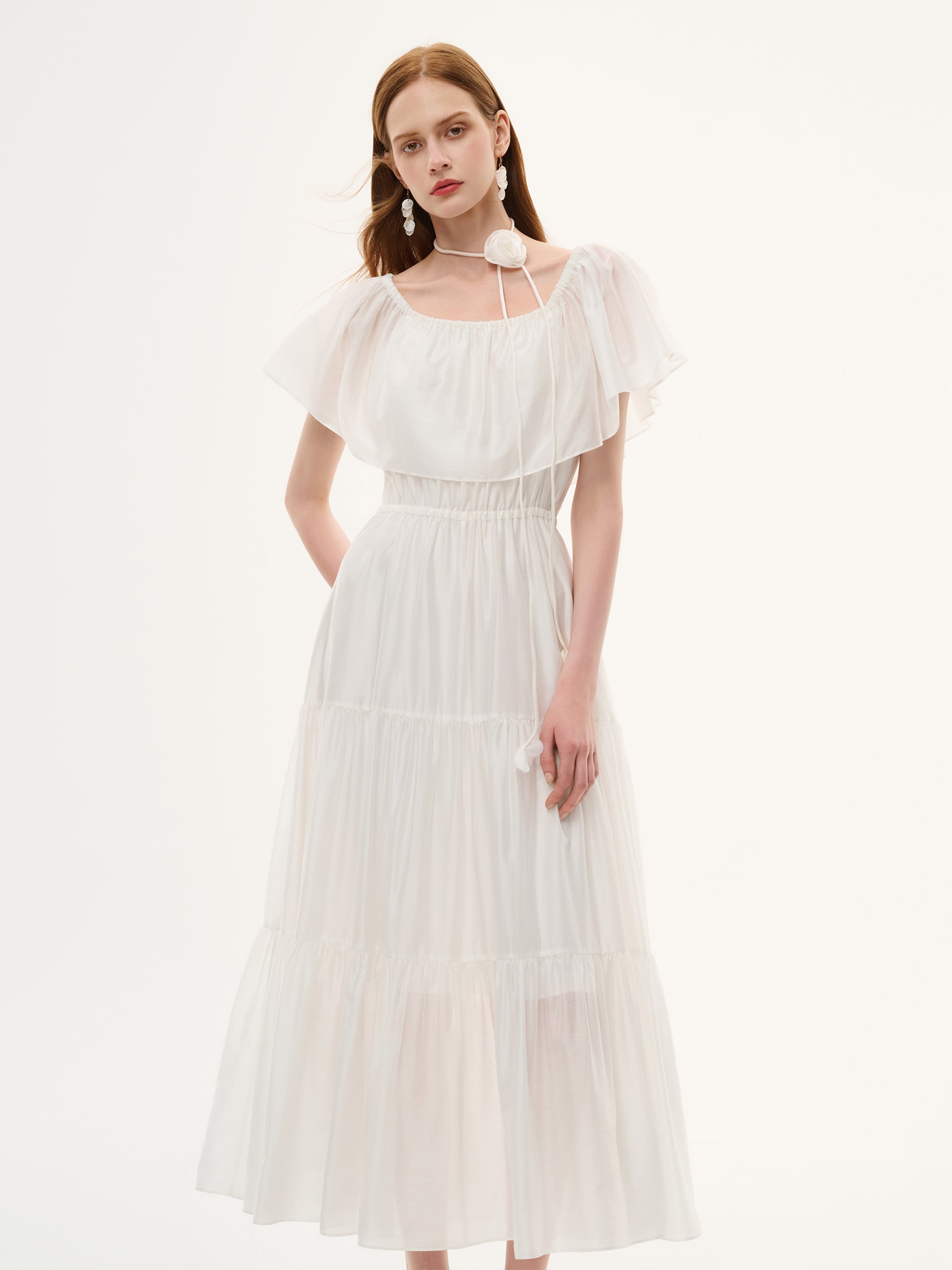 Tencel Blend Conovertible Neck Women Gathered Waist Maxi Dress With Floral Ribbon GOELIA