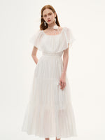 Tencel Blend Conovertible Neck Women Gathered Waist Maxi Dress With Floral Ribbon GOELIA