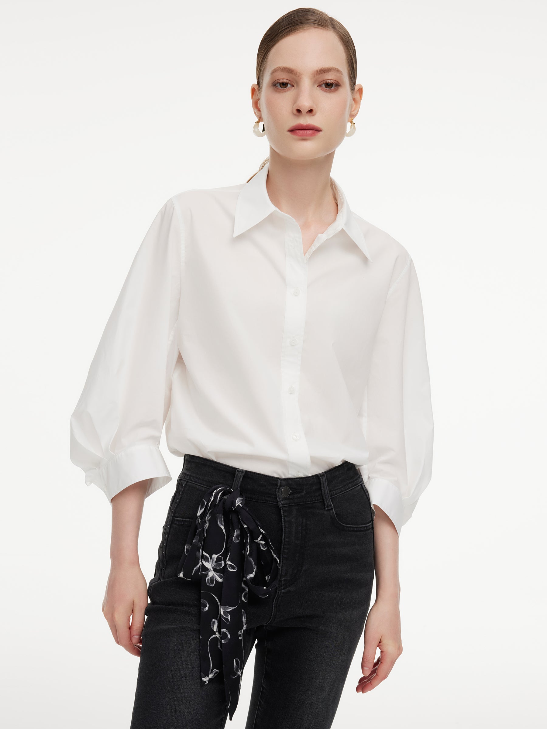 [Preview] 100% Cotton 3/4 Sleeve Women Shirt With Ribbon Print Silky Scarf GOELIA