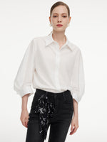 [Preview] 100% Cotton 3/4 Sleeve Women Shirt With Ribbon Print Silky Scarf GOELIA