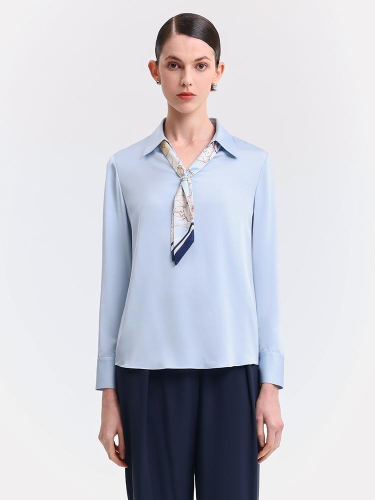 Silk V-Neck Woven Shirt With Silk Scarf GOELIA