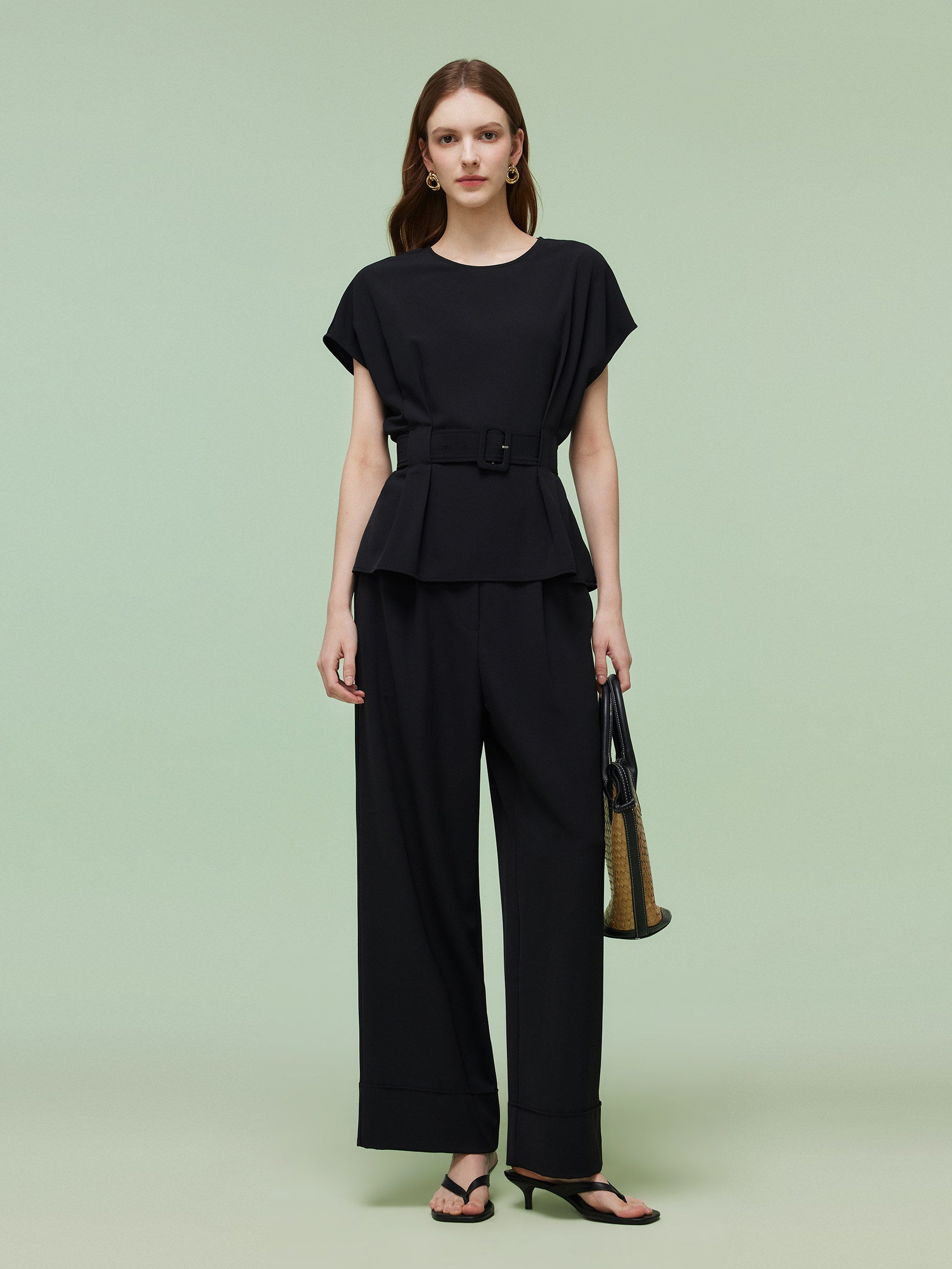 Four-Way Stretch Top And Ankle Length Pants Two-Piece Set With Belt GOELIA