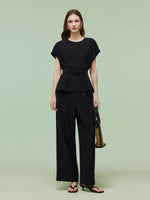 Four-Way Stretch Top And Ankle Length Pants Two-Piece Set With Belt GOELIA