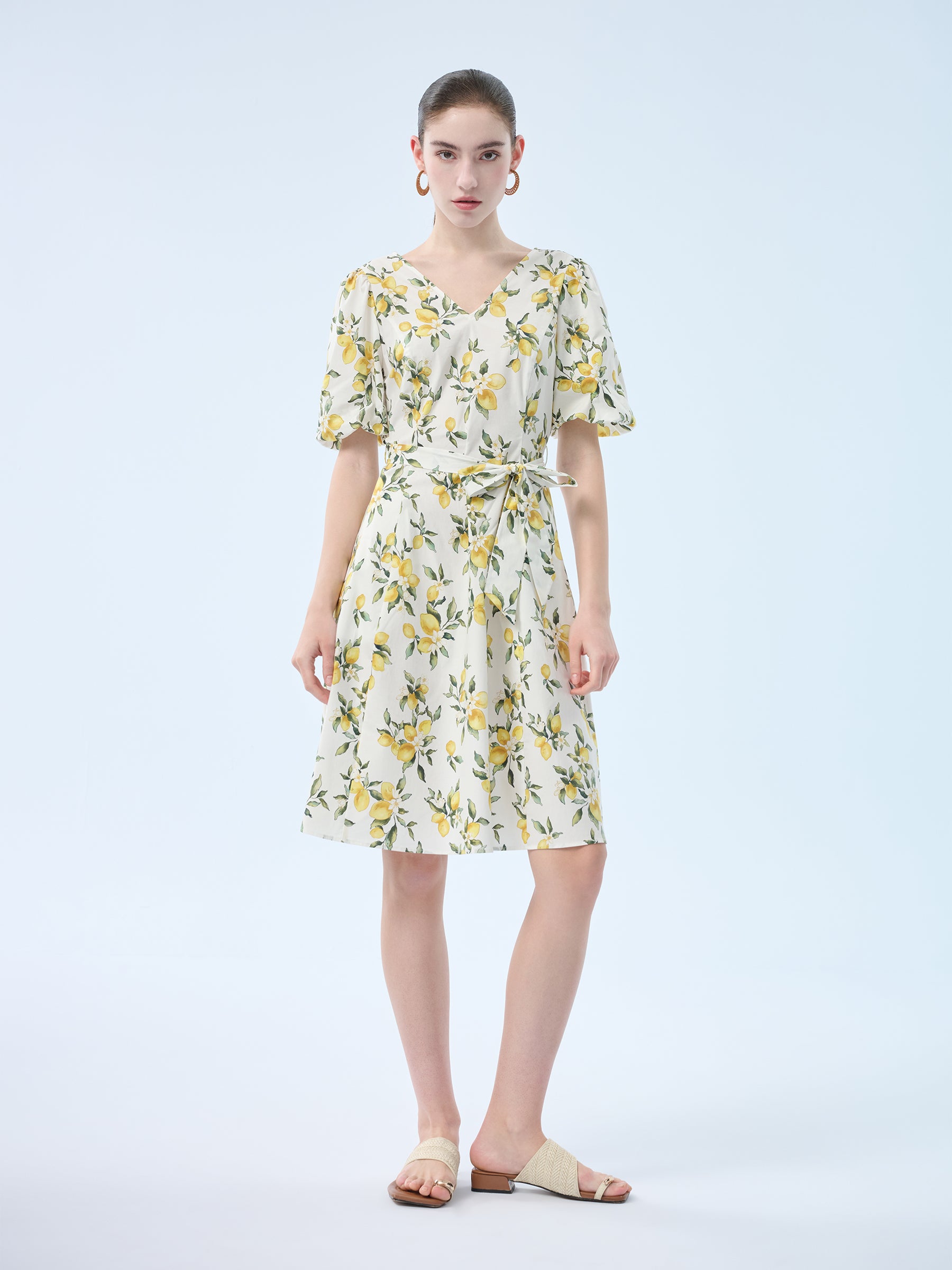 Cotton Lemon Print V-Neck Women Belted Midi Dress GOELIA