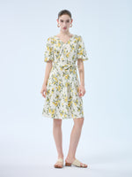 Cotton Lemon Print V-Neck Women Belted Midi Dress – GOELIA