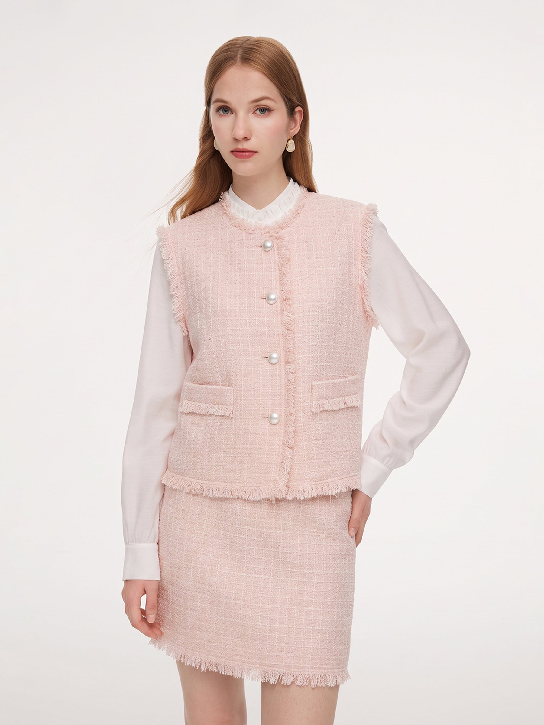 Tweed Frayed Edge Vest And Skirt Two-Piece Set GOELIA