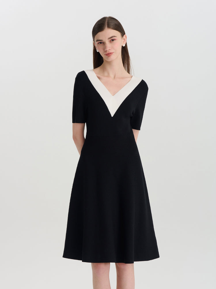 Contrast V-Neck Slim Knitted Women Midi Dress GOELIA