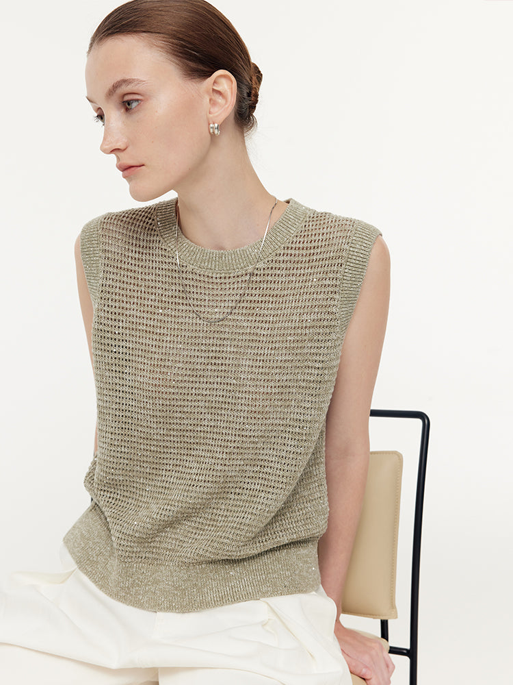 Linen Sequins Openwork Women Knit Tank Top GOELIA