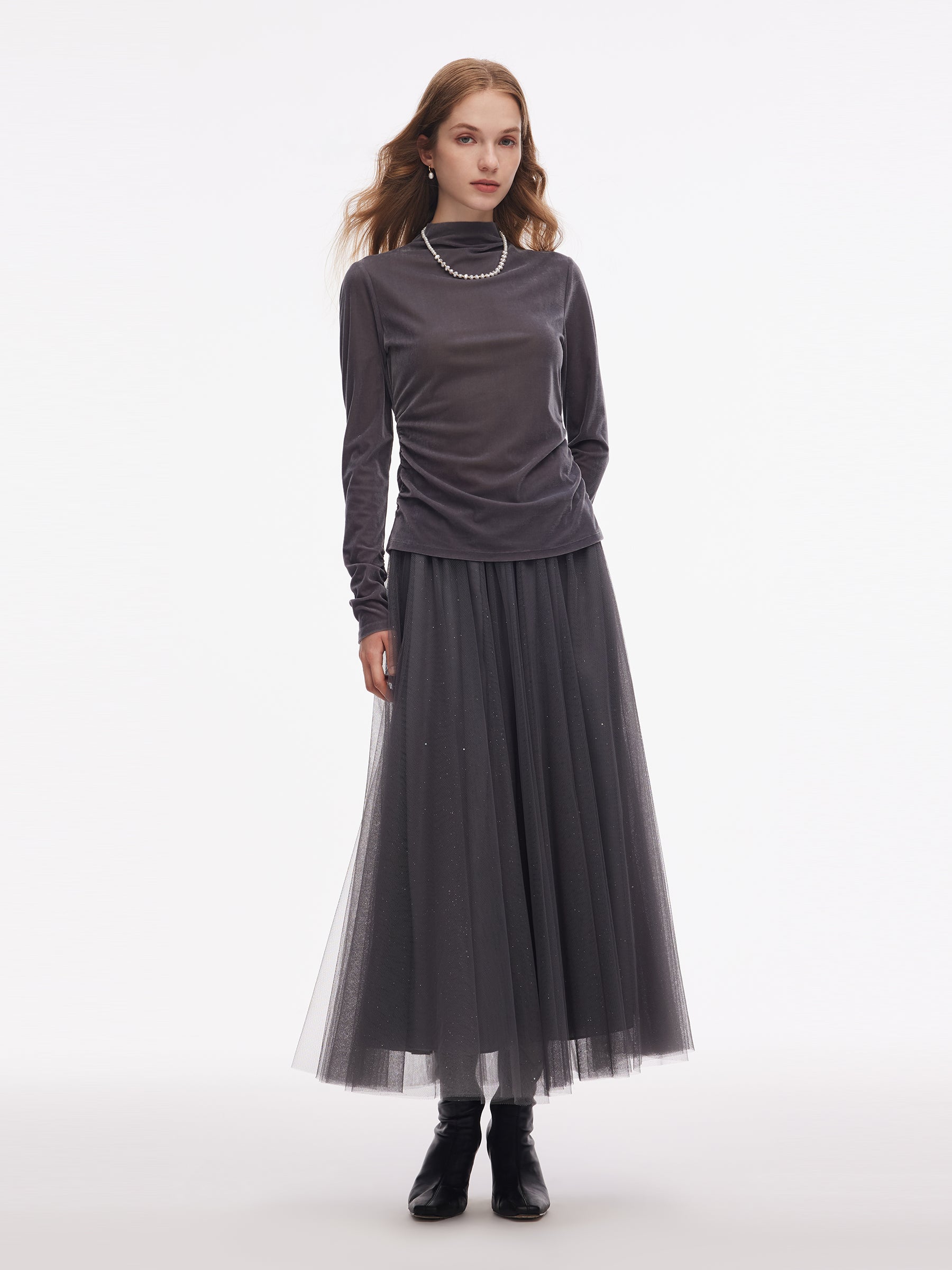 Mesh Elastic Waist Sequins Pleated Women Skirt GOELIA