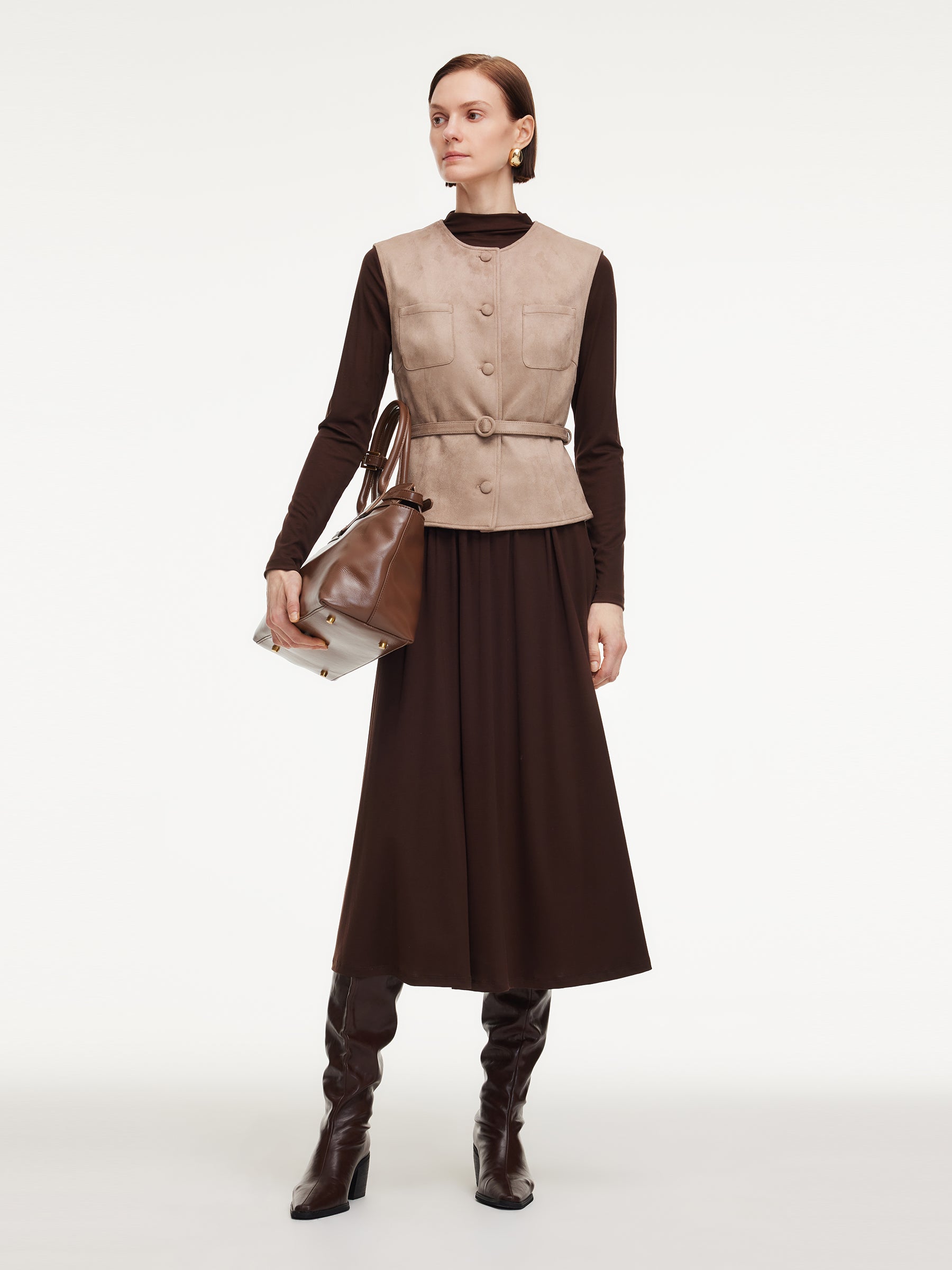 Faux Suede Vest And Knit Dress Two-Piece Set With Belt GOELIA
