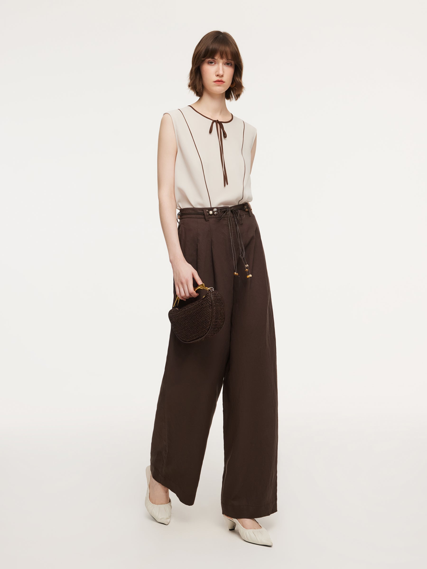 Linen Blend Women Wide Leg Pants With Tie String Belt GOELIA