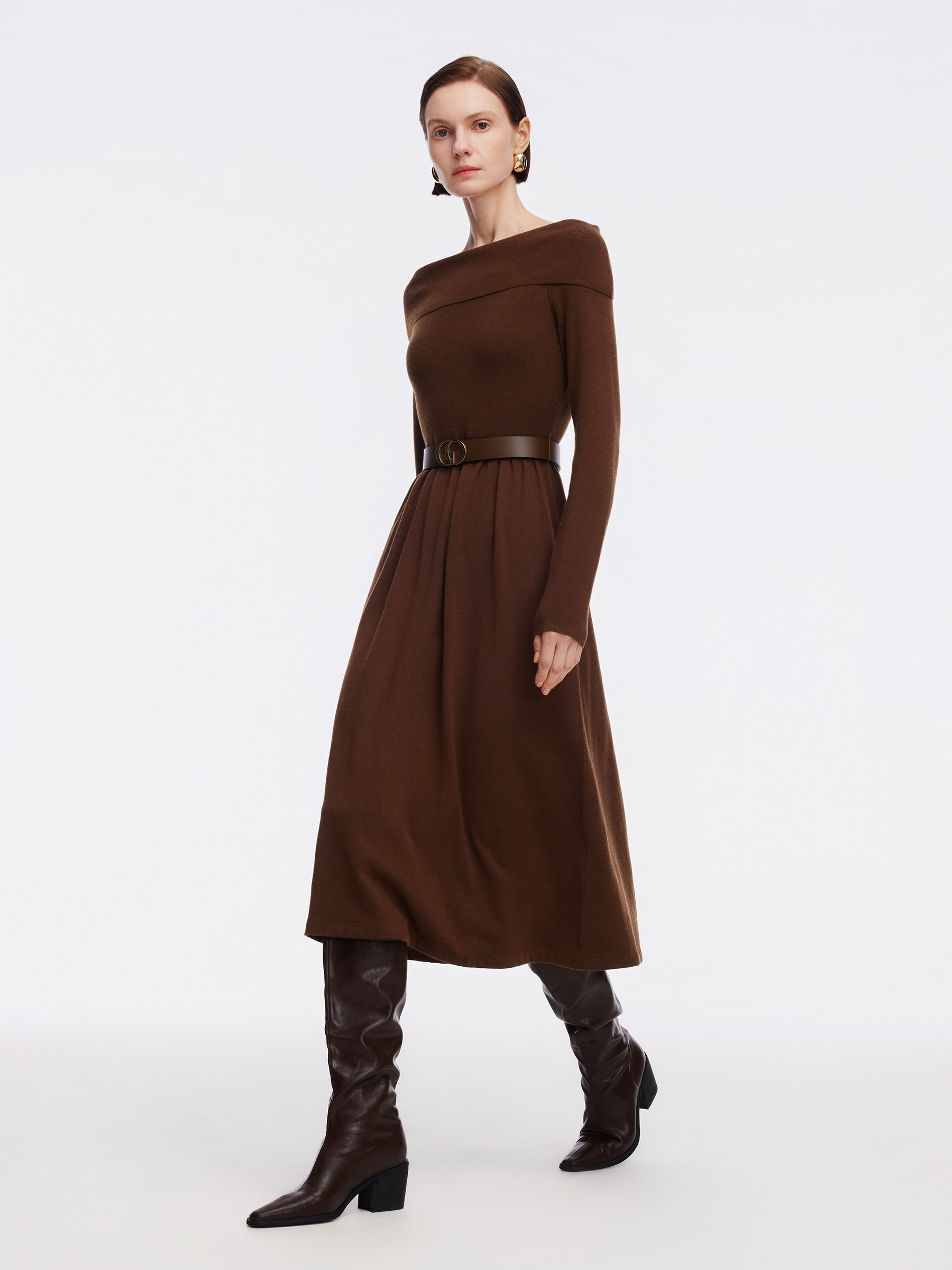 Tencel Wool Blend Boat Neck Women Knit Maxi Dress With Leather Belt GOELIA