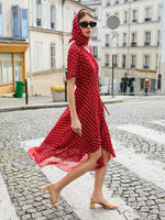 10 Momme Mulberry Silk Polka Dots Printed Wrapped Ruffle Women Midi Dress GOELIA