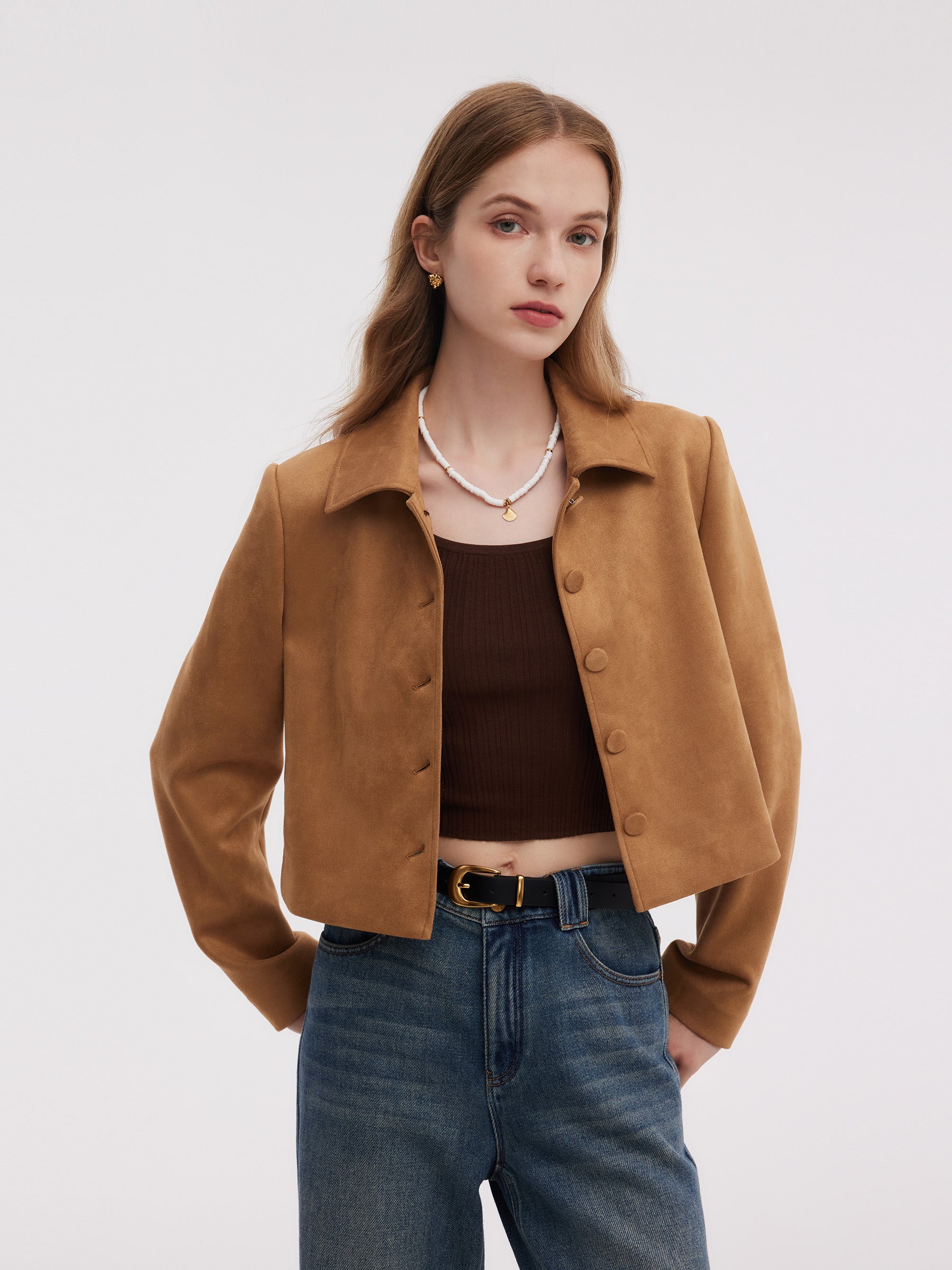 Faux Suede Women Single Breasted Crop Jacket GOELIA