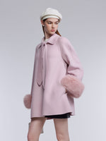 [Preview] Tencel Wool Tie-Neck Women Coat With Detachable Fur Cuffs GOELIA