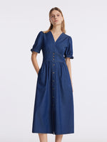 Gathered Waist Denim Women Midi Dress GOELIA