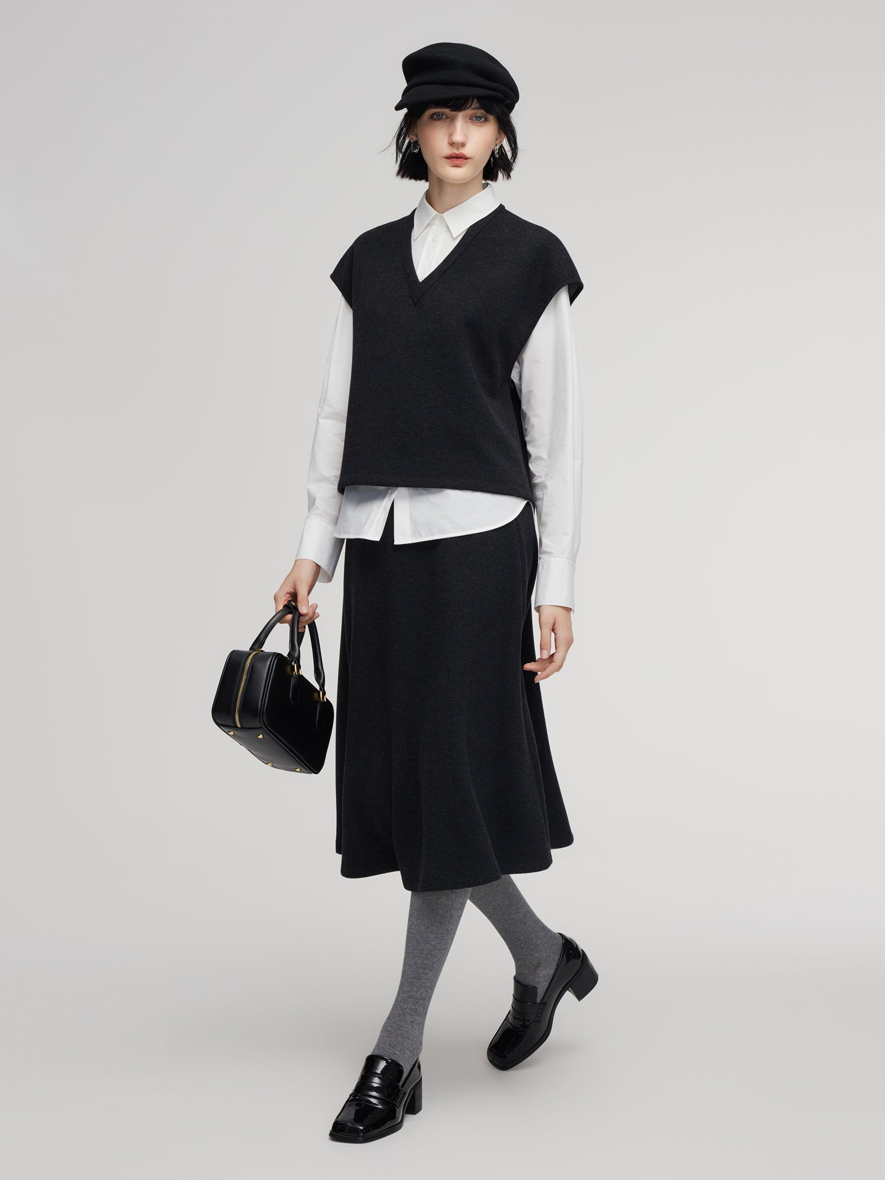 Shirt And Knit Sweater Vest And Skirt Three-Piece Set GOELIA
