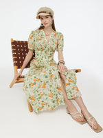 Cotton Gathered Waist Floral Print Women Maxi Dress GOELIA