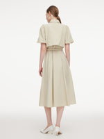 Cotton Blend Puff Sleeve Women Midi Shirt Dress With Belt GOELIA