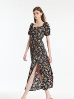 Mulberry Silk Rose Printed Women Maxi Dress GOELIA